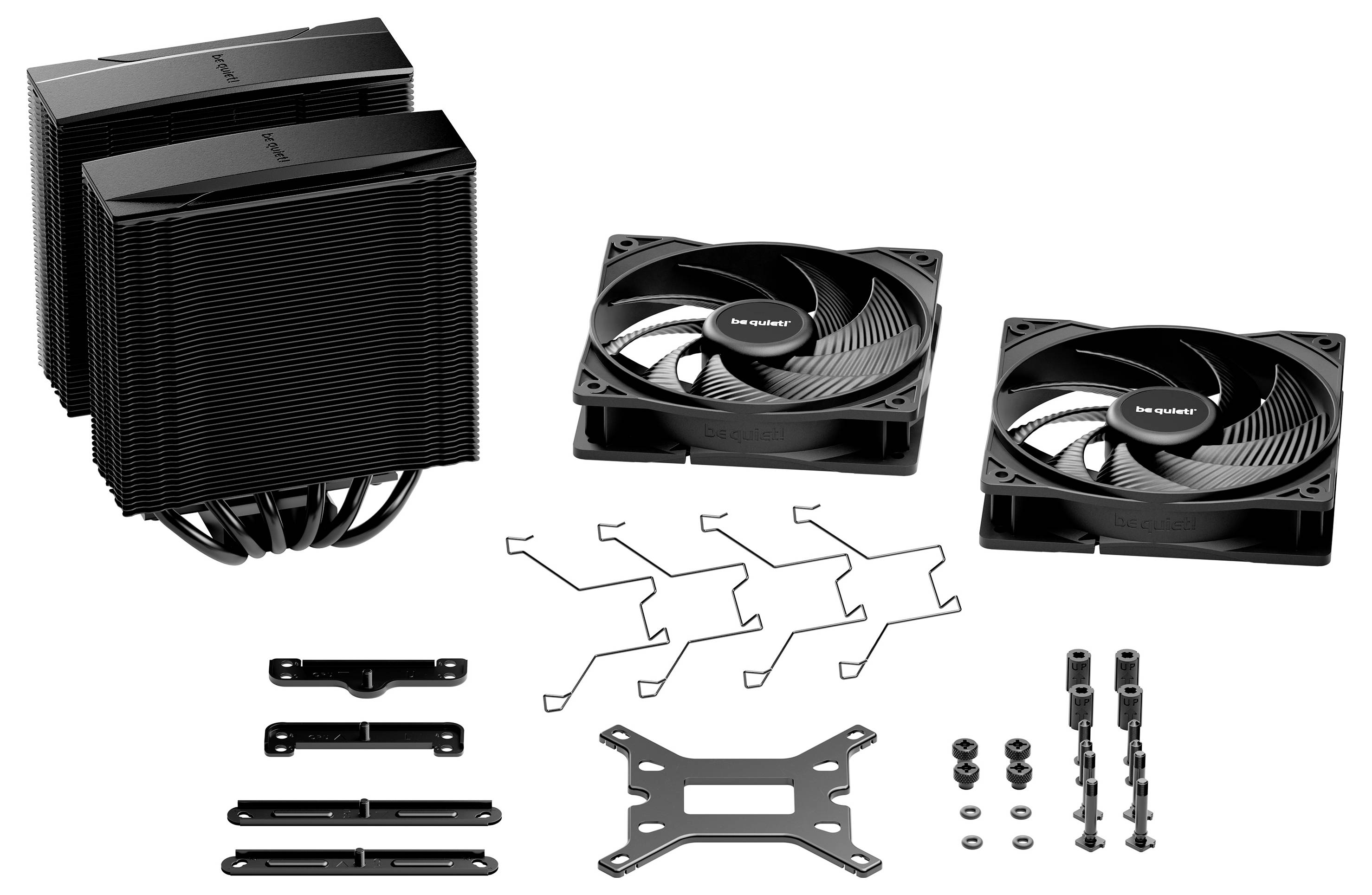 Computerkühlkomponenten einschließlich zwei großer Kühlkörper, zwei Lüftern, Befestigungsbügeln und Schrauben, auf einem weißen Hintergrund angeordnet.