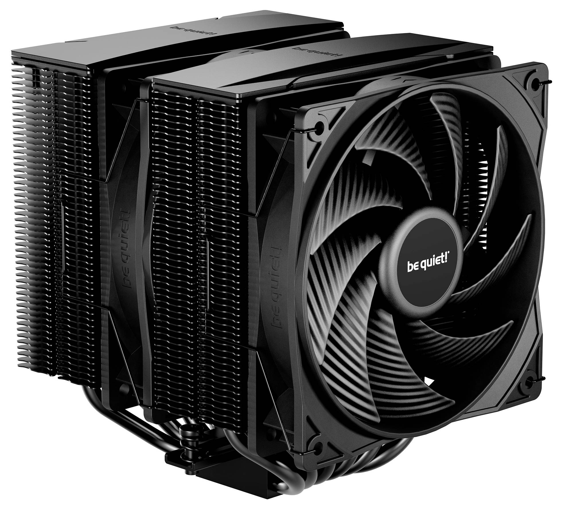 Ein großer, schwarzer CPU-Luftkühler mit zwei Lüftern und dichten Kühlrippen, der für eine effiziente Wärmeableitung in Computersystemen konzipiert ist.