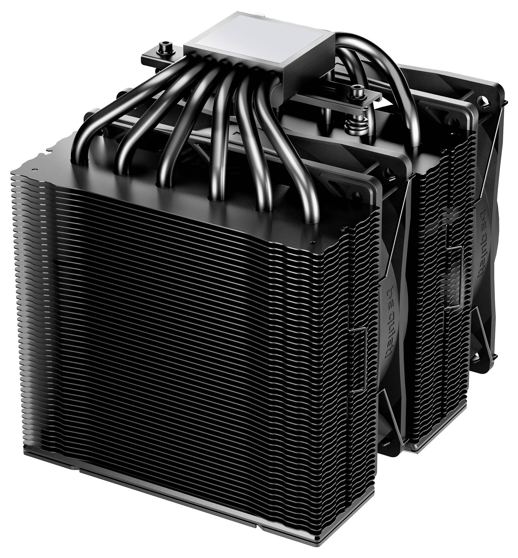 Ein Dual-Tower-CPU-Kühler mit einem dichten Lamellenstapel und mehreren Heatpipes für eine effiziente Wärmeabführung in Computerprozessoren.