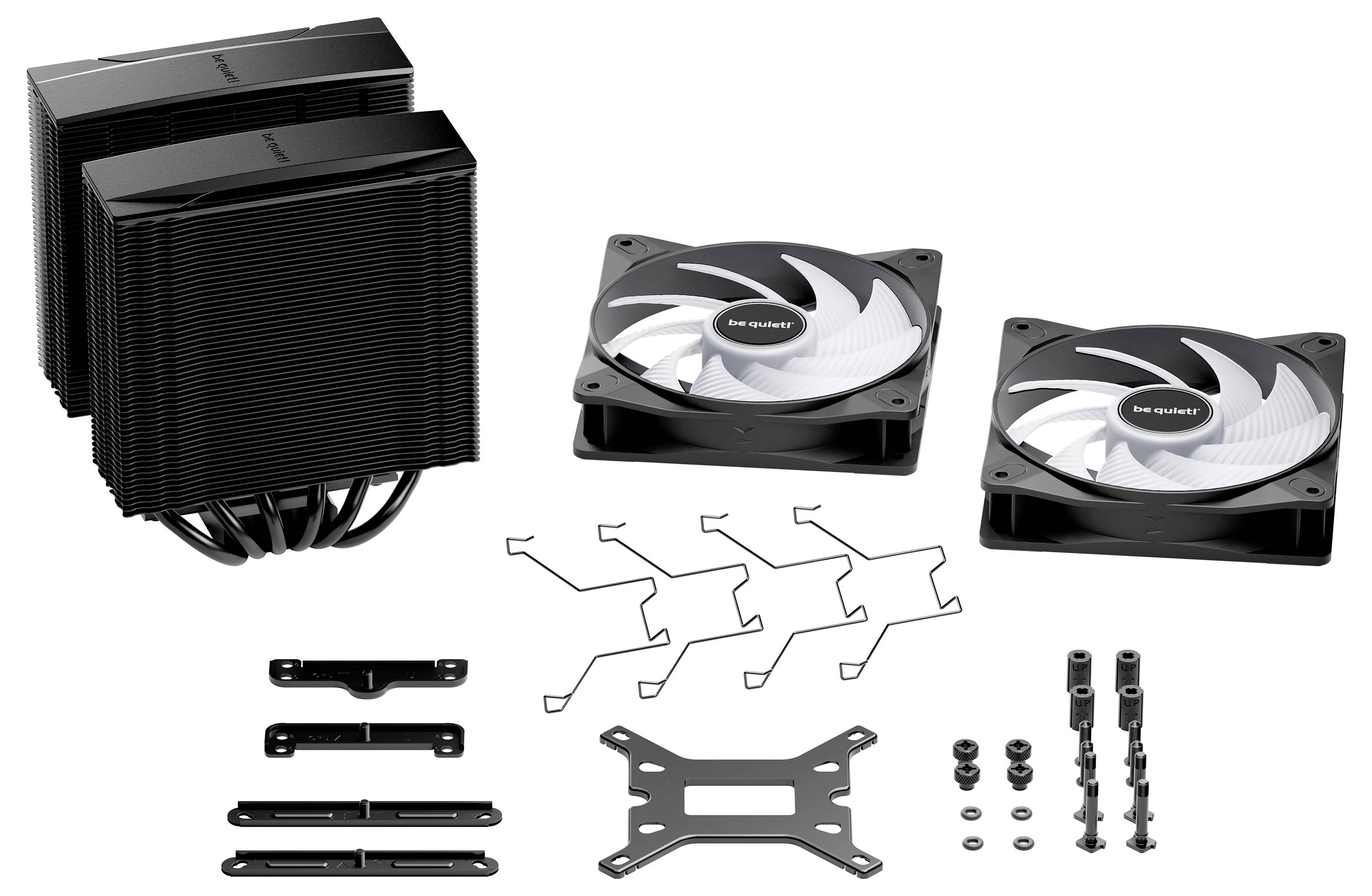 »Sei still!« Dark Rock Pro 4 CPU-Kühler gezeigt mit Komponenten: zwei Lüfter, Kühlkörper, Montagehalterungen, Schrauben, Distanzbolzen und Rückplatte.