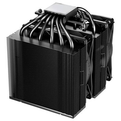Ein großer CPU-Kühler mit mehreren Heatpipes und gestapelten Kühlrippen, der für hohe thermische Effizienz in Computersystemen entwickelt wurde.