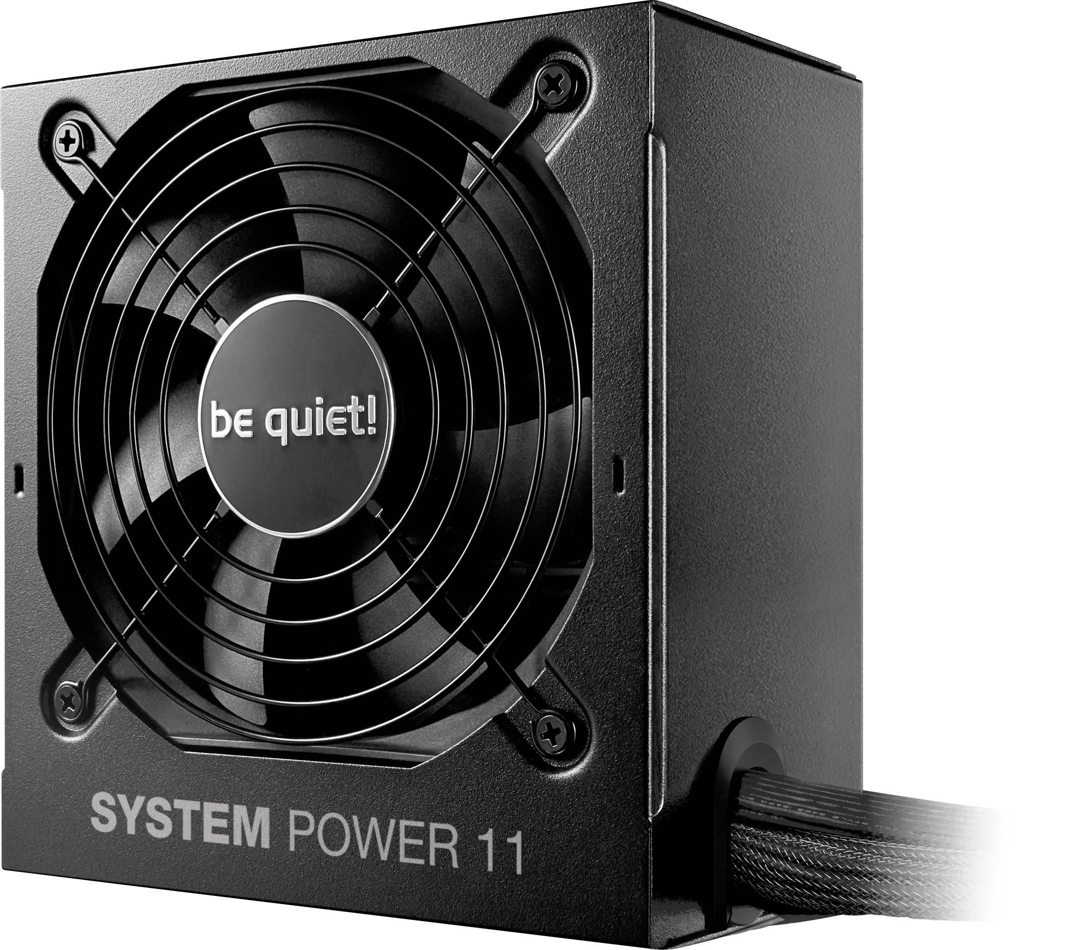 Ein schwarzes Netzteil des Typs 'be quiet! SYSTEM POWER 11' mit einem Kühlventilator wird gezeigt. Es ist kompakt und für den PC-Bau konzipiert.