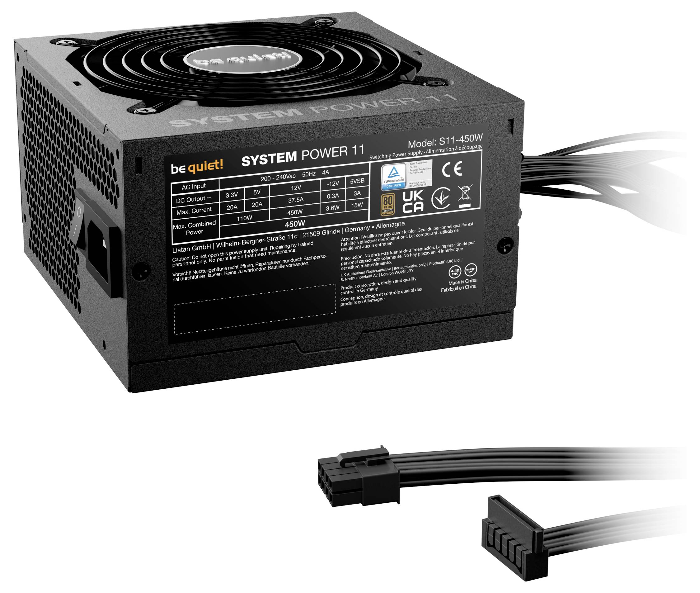"Sei still! SYSTEM POWER 11" Netzteil, 450W Modell, ausgestattet mit mehreren Zertifizierungen und Kühlventilator, inklusive Anschlusskabel.