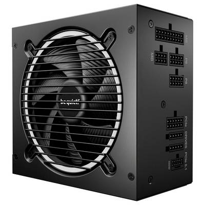 Ein schwarzes Computer-Netzteil mit einem großen Kühlventilator und mehreren beschrifteten Ausgabeports für Komponenten wie PCIe und SATA.