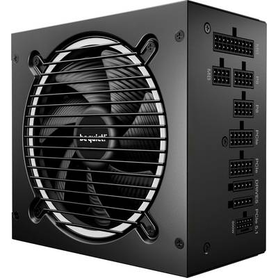 Eine schwarze Computer-Netzteileinheit mit einem großen Lüfter, mehreren für Mainboard und Peripheriegeräte beschrifteten Anschlüssen und der Markenbezeichnung 'be quiet!'.