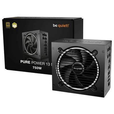 Eine "sei leise!" 750W Netzteil mit großem Kühlventilator wird neben seiner Verpackung präsentiert. Die Verpackung hebt das 80 PLUS Gold Effizienzrating hervor.