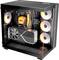 Eine transparente PC-Gehäuse, das einen High-Performance Gaming-Aufbau mit RGB-Lüftern, Wasserkühlung und einer großen Grafikkarte präsentiert.