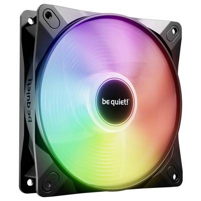 Ein Computerkühllüfter mit beleuchtetem, farbenfrohemm RGB-Design, das ein Farbspektrum darstellt. Der Markenname 'be quiet!' ist sichtbar.