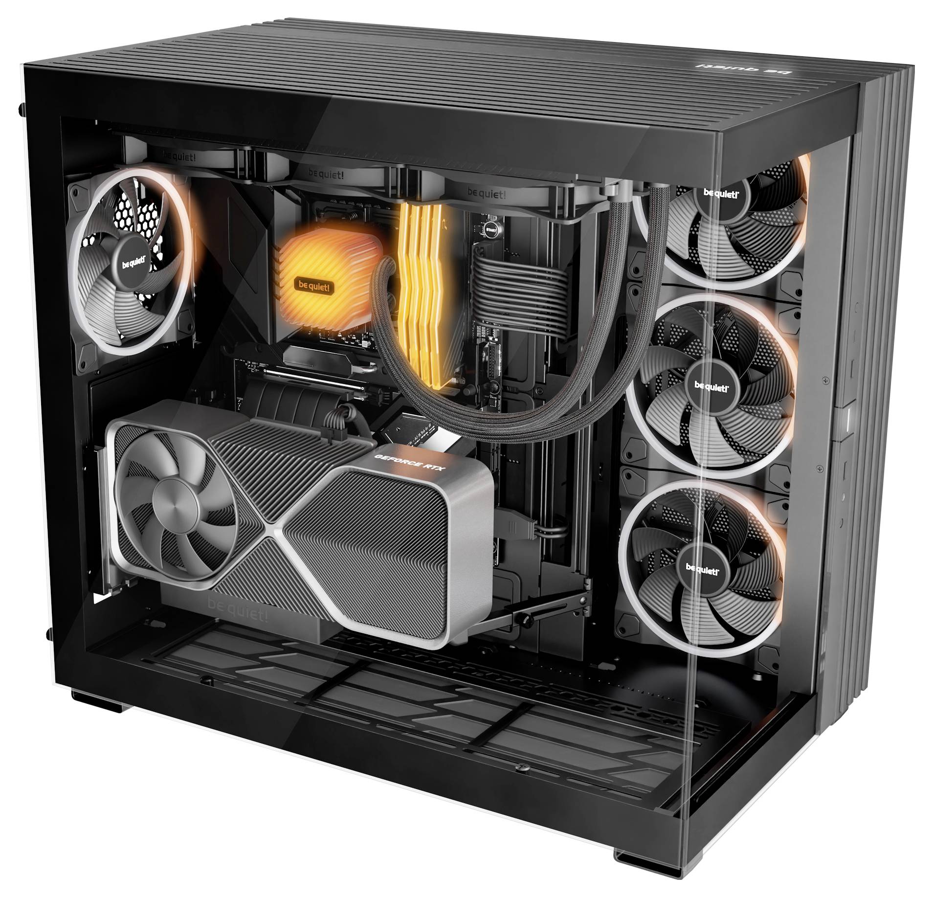 Das Bild zeigt das Innenleben eines Desktop-Computers mit sichtbaren Kühlsystemen, Grafikkarte und beleuchteten LED-Komponenten.