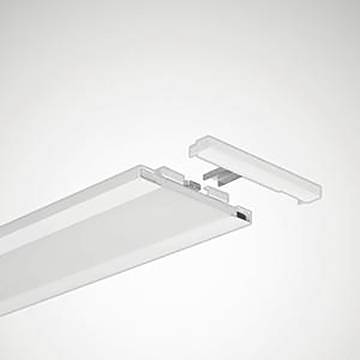 LED-Leuchtpanel mit teilweise geöffneter rechteckiger Abdeckung, die Befestigungsteile vor einem schlichten Hintergrund zeigt.