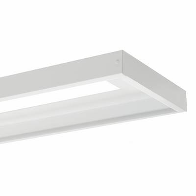 Nahaufnahme einer weißen rechteckigen LED-Deckenleuchte auf einem einfachen weißen Hintergrund.