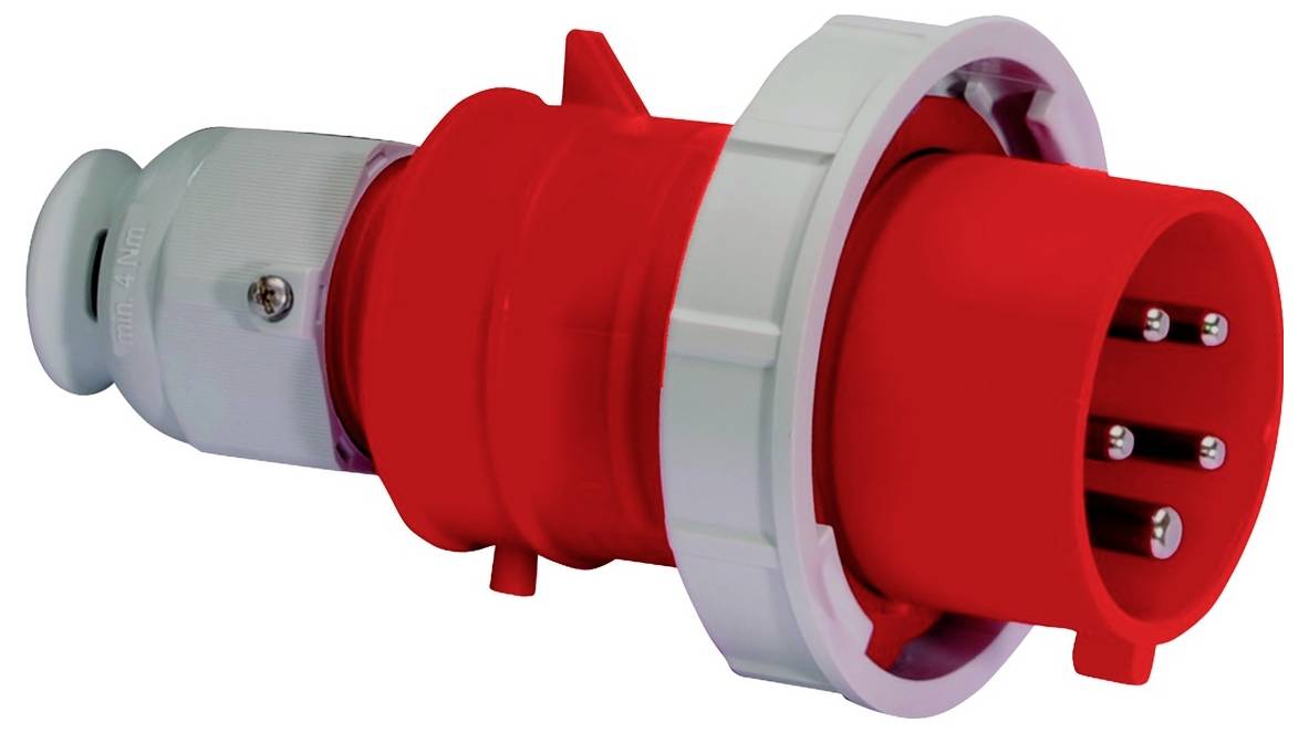 Roter Industrie-Stromstecker mit mehreren Stiften und einem Verriegelungsmechanismus, wird für Hochspannungs-Stromverbindungen in industriellen Umgebungen verwendet.