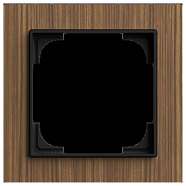 Ein Elektroschalter-Rahmen mit Holzoptik und quadratischem schwarzem Zentrum, konzipiert zum Anbau eines Schalters oder einer Steckdose, vor einem schlichten Hintergrund platziert.