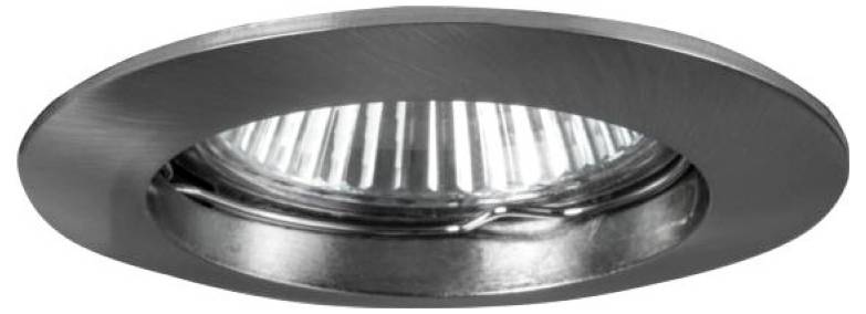 Eine versenkte runde Metallleuchte mit silbernem Trimmring und reflektierendem Innengehäuse.