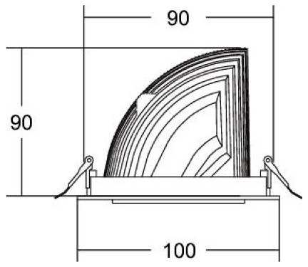 Diagramm einer gestapelten, gelenkigen gekrümmten Form innerhalb einer 100er breiten Basis, mit 90er Höhen- und 90er Breitendimensionen markiert.