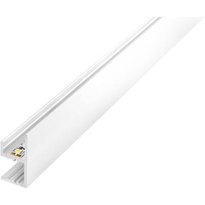 Ein weißes, abgewinkeltes Aluminium-LED-Lichtprofil mit einer Diffusorreabdeckung, geeignet zur Installation von LED-Streifen.