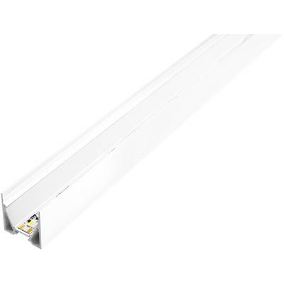 Weißer Aluminiumkanal für LED-Streifenbeleuchtung mit matt transparenter Abdeckung und sichtbarem LED-Band im Inneren.