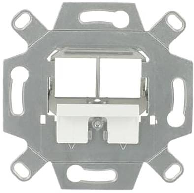 Eine Metallmontageklammer für elektrische Wandarmaturten, mit Schlitzen für die Schraubenbefestigung und einer zentralen Komponente zum Halten von Geräten.