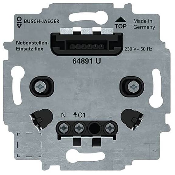 „Busch-Jaeger 64891 U" elektrische Komponente mit der Bezeichnung „Made in Germany". Kennzeichnungen: „Nebenstellen-Einsatz flex", 230V, 50Hz, mit Anschluss­punkten.
