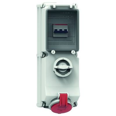 Ein elektrisches Schaltgerät mit Schutzgehäuse und sichtbarem Leistungsschalter. Ein roter Drehgriff befindet sich unten.