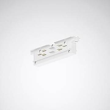 Ein kleiner, weißer Elektrostecker mit mehreren Metallstiften, wahrscheinlich zum Verbinden von Schaltkreisen oder Geräten, auf neutralem Hintergrund.