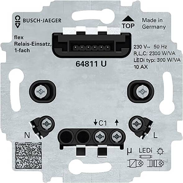 Busch-Jaeger 64811 U Relaismodul, 230V~ 50Hz, für LED-Leuchten bis 300 W/VA, 10 AX. Made in Germany. Obere Montagelage erforderlich.