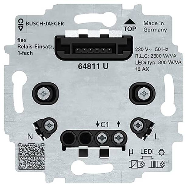Busch-Jaeger Schalter, Modell 64811 U, 230V, 50 Hz, Made in Germany, mit Anschlussklemmen und Relaismodul zur Beleuchtungssteuerung.