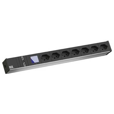 Ein schwarzes Stromverteilerset mit acht Standardsteckdosen in einer Reihe, mit einem kleinen Bildschirm und einer Taste auf der linken Seite, konzipiert für Effizienz.