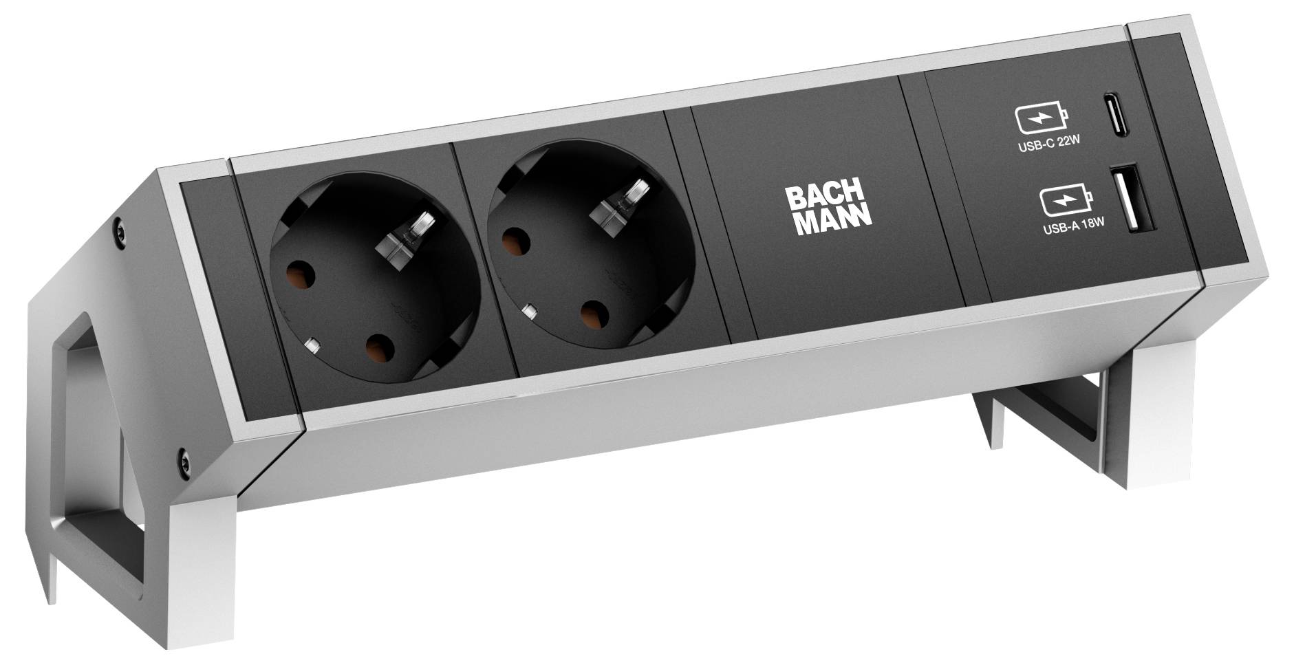 Steckerleiste 'BACHMANN' mit zwei europäischen Steckdosen und zwei USB-Anschlüssen (USB-C 60W, USB-A 18W), in modernem Silber- und Schwarzdesign.