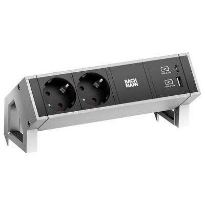 Steckerleiste 'BACHMANN' mit zwei europäischen Steckdosen und zwei USB-Anschlüssen (USB-C 60W, USB-A 18W), in modernem Silber- und Schwarzdesign.