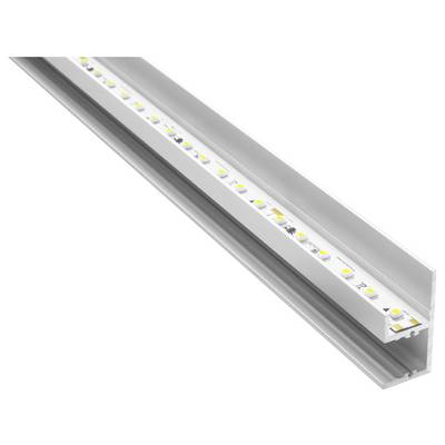 'LED-Streifenleuchte in einem Aluminiumkanal, aus einem Winkel betrachtet, zeigt gleichmäßig verteilte Dioden und ein schlankes, modernes Design.'