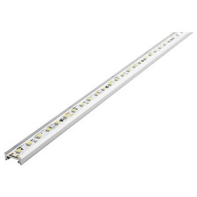 Eine Schrägansicht einer linearen LED-Lichtleiste in einem Aluminiumgehäuse, die kleine Glühbirnen und elektronische Komponenten zeigt, die für Beleuchtungsinstallationen verwendet werden.
