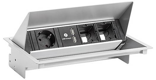 Eingebaute Schreibtischsteckdose mit europäischer Steckdose, zwei USB-Ladern und zwei Netzwerkanschlüssen, mit Klappdeckel-Design.