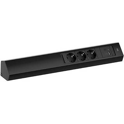Eine schwarze Steckdosenleiste auf einem Tisch mit drei Steckdosen und einem USB-Anschluss, entworfen für effizientes Strommanagement in Arbeitsräumen.