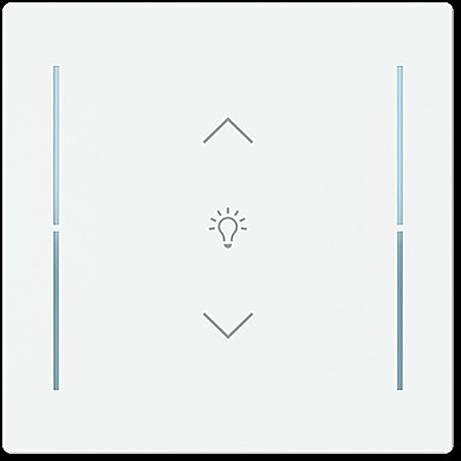 Ein Touch-Lichtschalter mit blau akzentuierten vertikalen Linien und Symbolen, einschließlich eines Pfeils nach oben, einer Glühbirne und eines Pfeils nach unten.