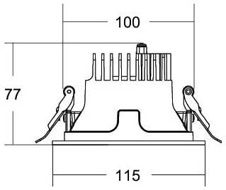 Technische Zeichnung einer Komponente mit den Maßen 100 Breite, 115 Basisbreite und 77 Höhe, mit Seitenklemmen und oberen Rippen.