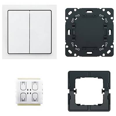 Das Bild zeigt Teile eines modularen Lichtschaltersystems, einschließlich eines Doppelschalters, eines Rahmens, einer Montageklammer und einer elektrischen Komponente.