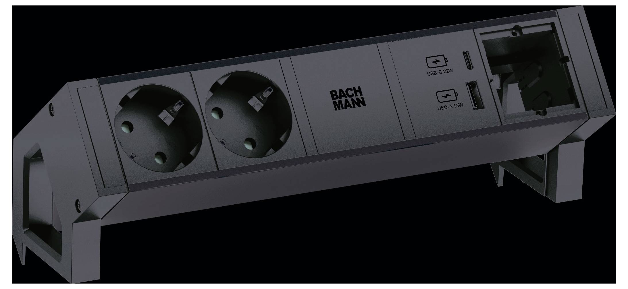 "BACH MANN" Steckdosenleiste mit zwei europäischen Steckdosen und zwei USB-Anschlüssen. Entwickelt für die Nutzung im Büro oder zu Hause und erleichtert die Gerätekonnektivität.