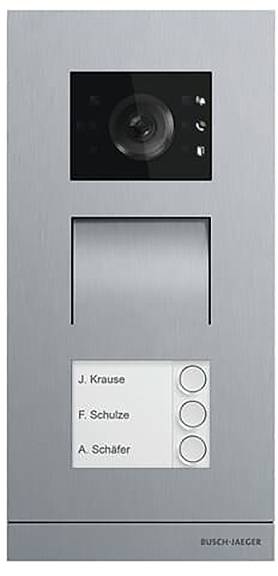 Gegensprechanlage mit einer Kamera, einem Lautsprecher und drei beschrifteten Tasten für J. Krause, F. Schulze und A. Schäfer.