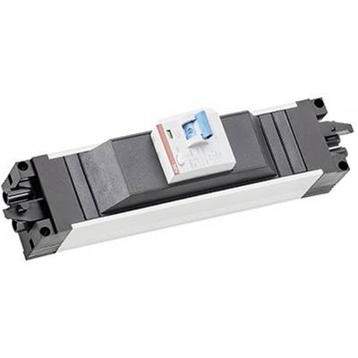 Ein Schutzschaltermodul mit schwarzweißem Gehäuse, ausgestattet mit einem blauen Schalter und gekennzeichnet für elektrische Verwendung.