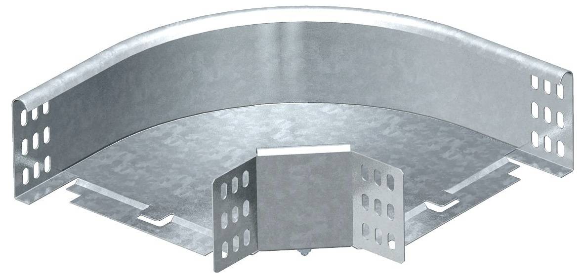 Verzinktes Stahlkabelrinnen-Bogenstück mit Perforationen für Verkabelung und Verbindungsplatten zur Installation in Kabelführungssystemen.