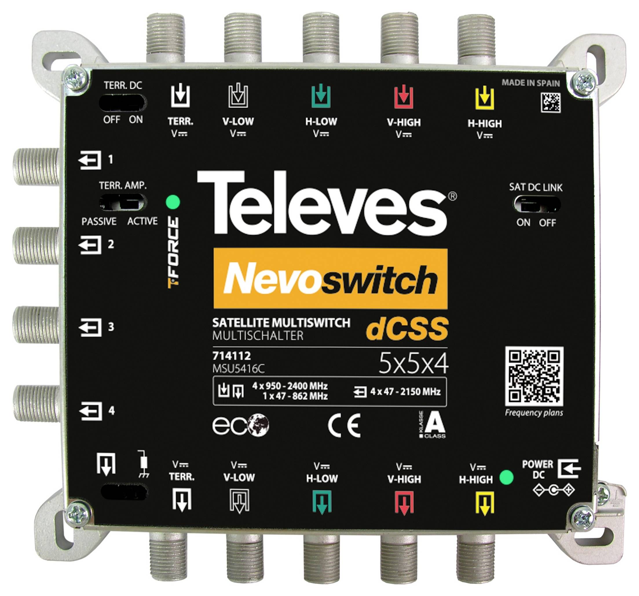 "Televes Nevoswitch" Satellitenumschalter mit DCSS-Technologie, zeigt verschiedene Ein- und Ausgangsanschlüsse, Modell 714112.