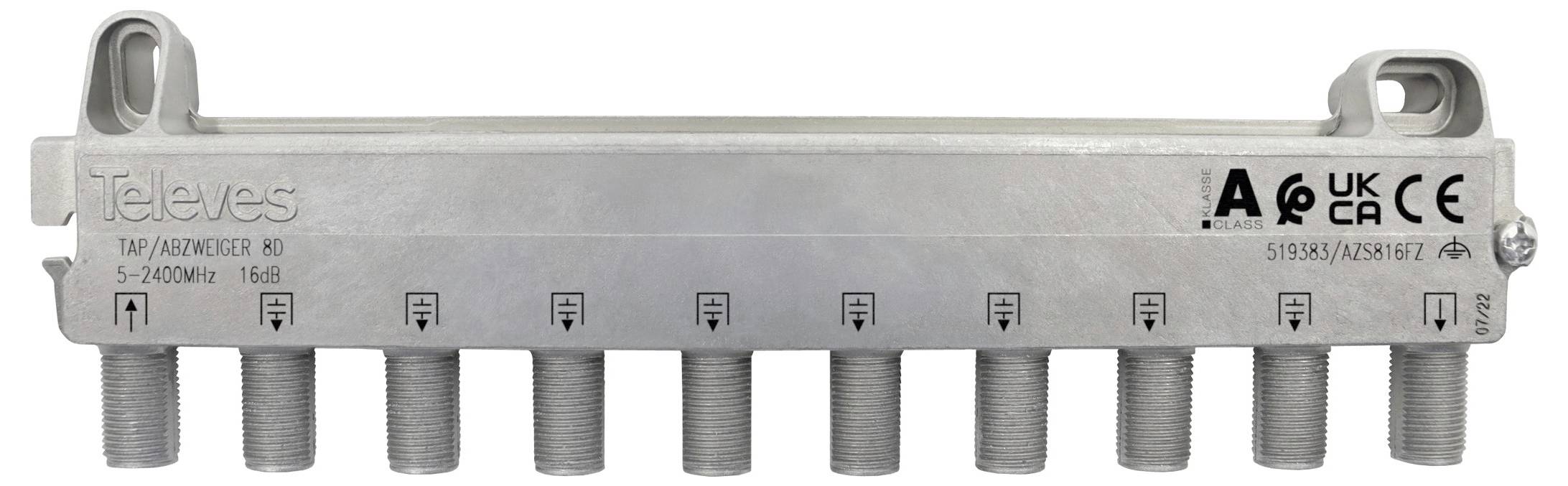 Ein silberner Verteiler/Splitter mit mehreren Ausgangsanschlüssen mit der Bezeichnung "Televes" zur TV-Signalverteilung, der Konformitätszeichen wie "UKCA" und "CE" aufweist.