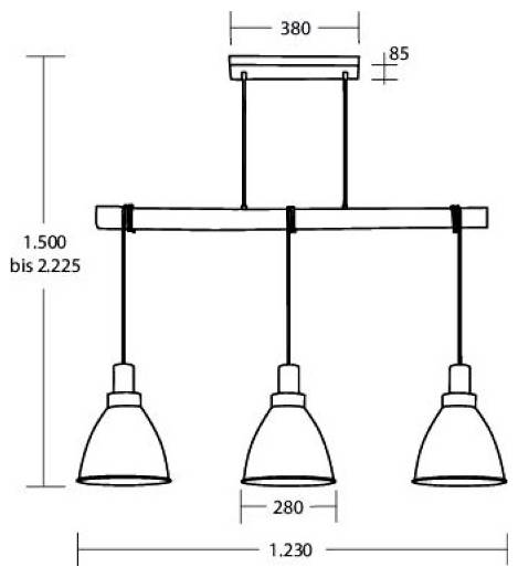Maßstabgerechte technische Zeichnung einer dreiflammigen Pendelleuchte mit horizontaler Stange, mit gekennzeichneten Montagehöhen und Breiten mit den Beschriftungen 380, 85, 1.500 bis 2.225, 1.230 und 280.