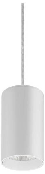 Eine moderne zylindrische weiße Pendelleuchte mit grauem Kabel, geeignet für zeitgenössische Innenräume.