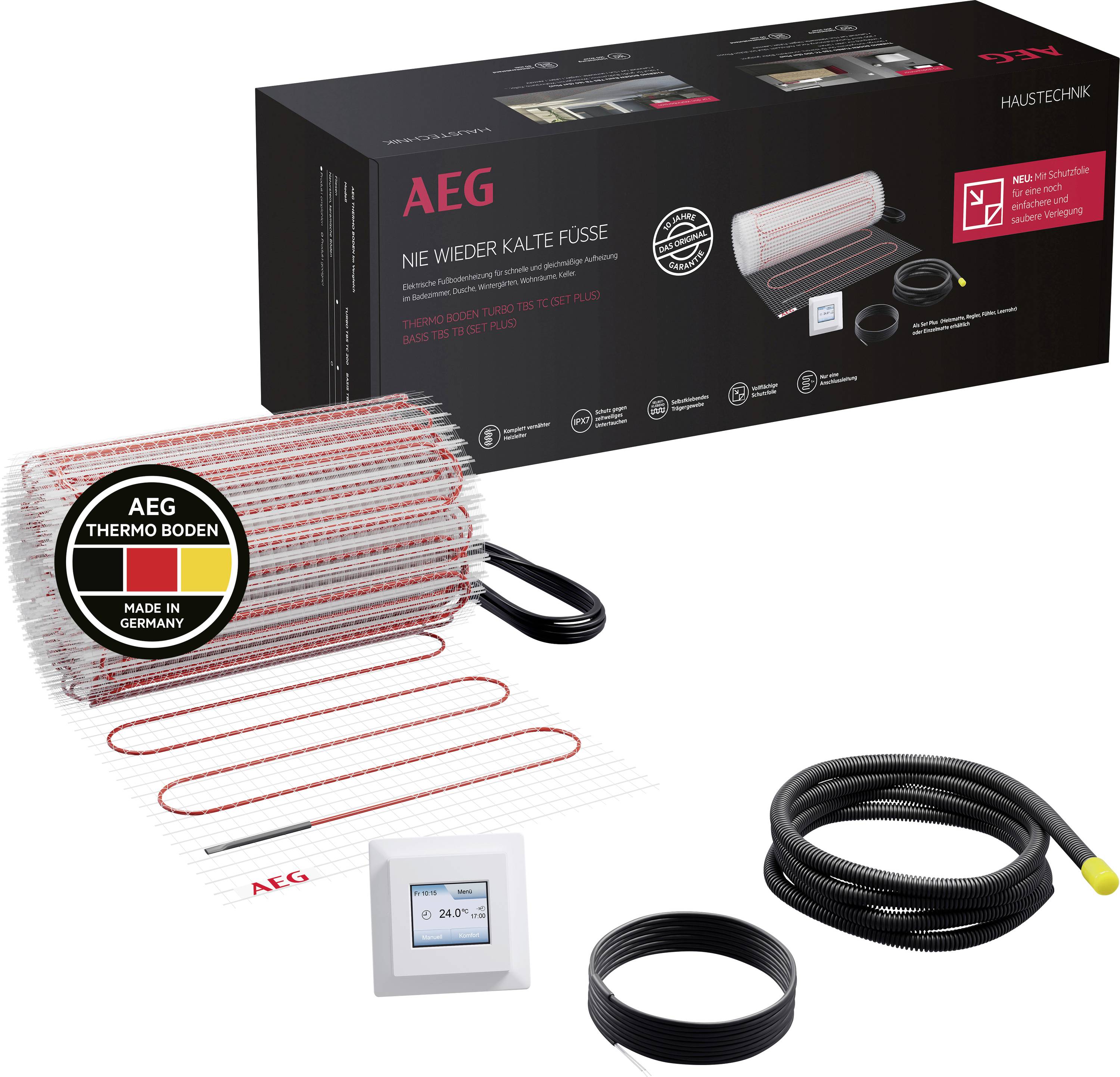 AEG Fußbodenheizungsset mit Heizmatte, Thermostat, schwarzer Kabelspule und verpackt in einem Karton mit den Aufschriften „NIE WIEDER KALTE FÜSSE" und „THERMO BODEN".