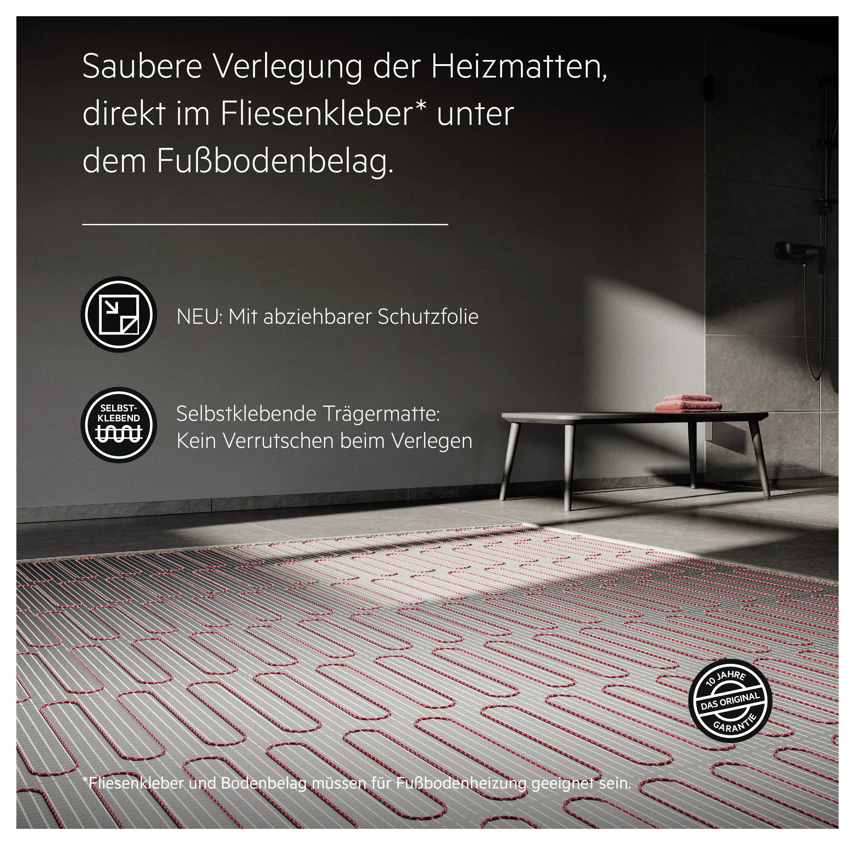'Werbung für selbstklebende Heizmatten mit Schutzfolie, zum Einsatz unter Fußbodenbelag. Enthält Symbole und Produktdetails.'
