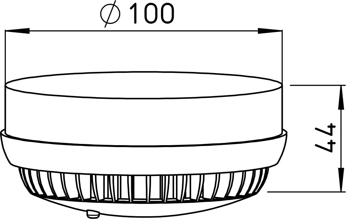 Technische Strichzeichnung einer runden Lüftungs- oder Lüftereinheit mit beschrifteten Abmessungen „Ø 100" und „44".