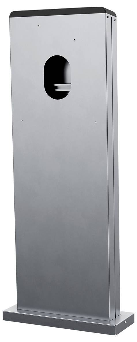 Ein hohes, metallisches Gestell mit einer ovalen Öffnung in der Nähe der Oberseite, entworfen zum Halten eines Desinfektionsmittelspenders für die Hände.