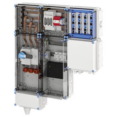 Ein Elektroverteilkasten mit mehreren Fächern, der Leitungsschutzschalter, Kupferschienen und Verdrahtungsverbindungen zeigt.